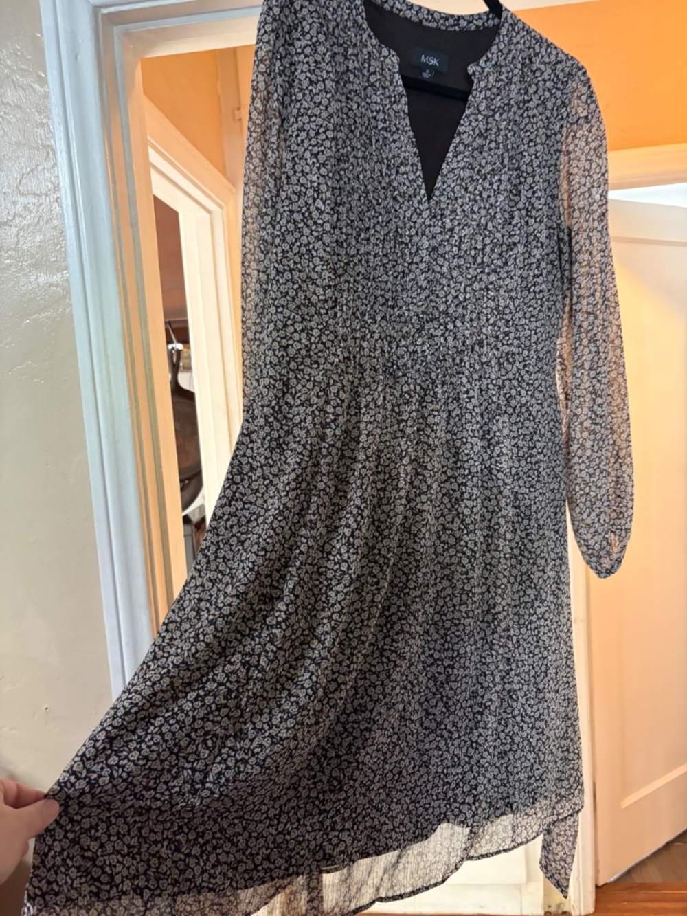 MSK Floral Long Sleeve Dress Size 12 | Boho Neutral Flowy Midi Dress